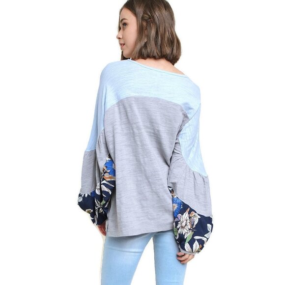 Umgee Leaf Puff Sleeve Colorblock Top, Grey - Picture 3 of 3